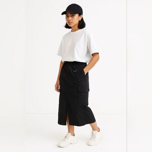 Black Nylon Cargo Midi Skirt S Pockets Crinkled Soft Norm Minimalist Streetwear